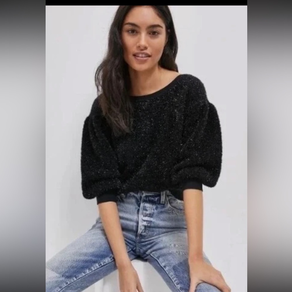 Maeve Black Textured Puff Sleeve Sweater XL Tinsel Shimmer Balloon Sleeves